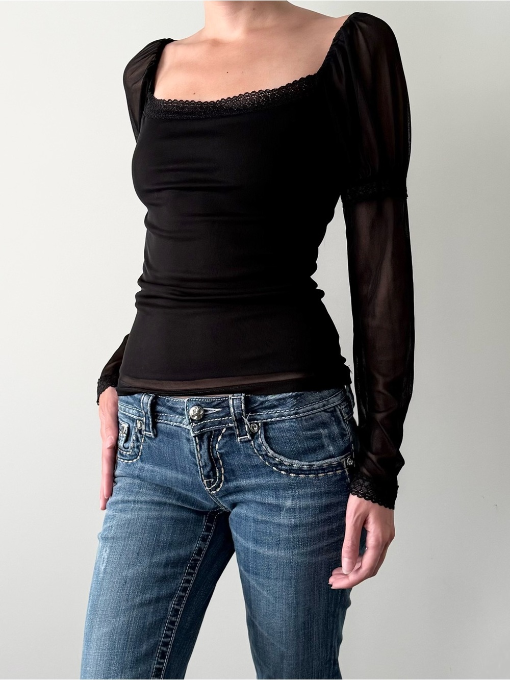 90s culture clothing black mesh lace trim blouse